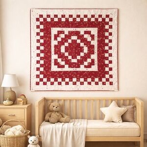 Vintage Handmade Patchwork Quilt – Red & White – 50” x 50” – Hand-Tied